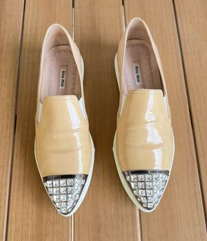 Miu Miu Crystal Toe Patent Leather Slip On Sneakers Women 38 Beige Nude Italy